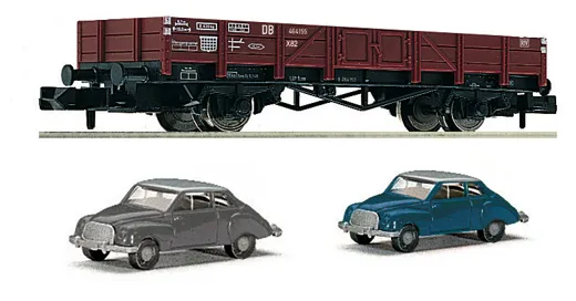 Niederbordwagen, Bauart X 90 mit 2 Automodellen DKW 3=6, DB