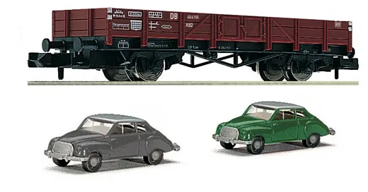 Niederbordwagen Bauart X 90 mit Automodellen, DB