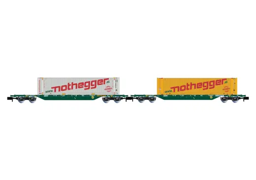 2er-Set 4-achsiger Containertragwagen Wagen, grün mit 2x 45' containers Nothegger, Ep.V-VI