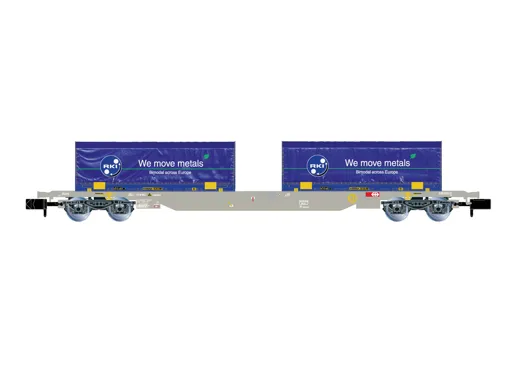 4-achsiger Containertragwagen mit 2x blau 22' coil Container RHEINKRAFT