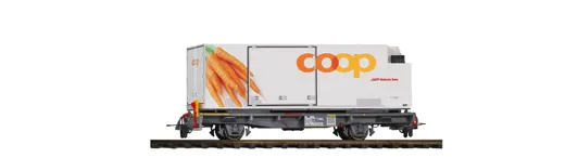 RhB Lb-v 7877 Tragwagen mit Coop-Container "Karotte"