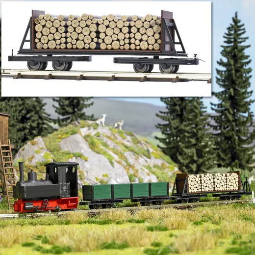 Drehgestell-Stirnwandwagen mit Holzladung