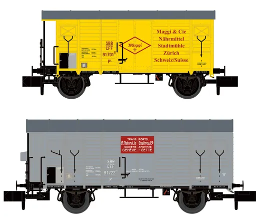 SBB 2 gedeckte Güterwagen 1x K2 Maggi, 1x K3 Le Coultre, grau, Ep. II