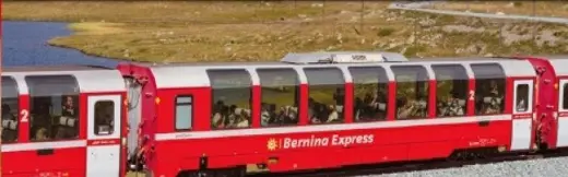 RhB Bernina Express, neues Logo, 3 Wagen & 1 Aussichtswagen B2096