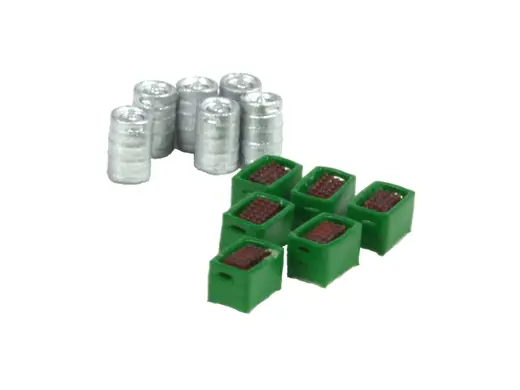 Bierfässer und grüne Kisten mit braunen Flaschen (je. 6 St.)