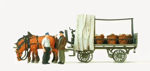 Rollwagen mit Gemüseladung, Pferde und Figuren