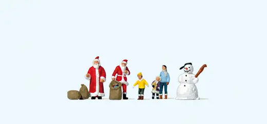 Weihnachtsmänner, Kinder und Schneemann