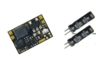 1 x StayAlive-Controller (10x7,3x2mm) mit 2 Stück 0,3F / 2,7V Goldcaps (je 4x12mm); für Decoder ohne oder mit eingeschränkten Vorkehrungen zur direkten Energiespeicheranschaltung.