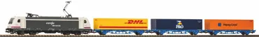 Start-Set mit Bettung TRAXX RENFE mit 3 Containertragwagen