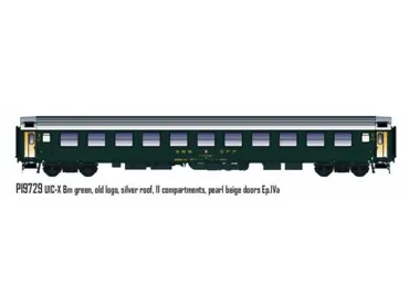 UIC-X RIC Bm 2'cl grün, altes Logo, 11 Abteile, silbernes Dach, Perlentüren, SBB Ep.IVa neue Nummer