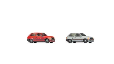 Opel Corsa A, 2 Stück, rot und weiss, 3D-Master Fahrzeug