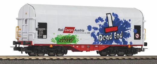 Schiebeplanenwagen Rail Cargo Austria VI mit Graffiti, Privatbahn