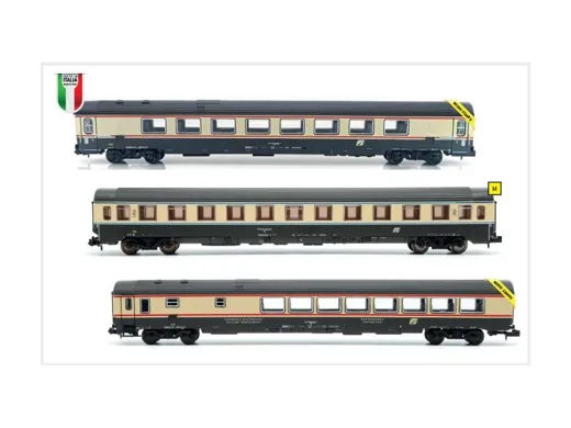 N 1:160 - Set 3pz IC "Benedetto Croce" Lackierung Bandiera Grau/Creme, logo inclinato FS ep.IV 1xGC 1986 1'cl salone tetto cannellato1xZ1 1985 2'cl comparti1xGC 1983 ristorante tetto cannellato