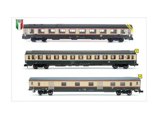 N 1:160 - Set 3pz IC "Benedetto Croce" Lackierung Bandiera Grau/Creme, logo inclinato FS ep.IV 1xGC 1986 1'cl comparti tetto cannellato1xZ1 1985 2'cl comparti1xGC 1970 bagagliaio con carenature