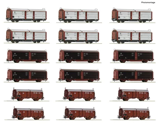 18-tlg. Display: Rangierbahnhof/Schiebedach-/Schiebewandwagen, DB