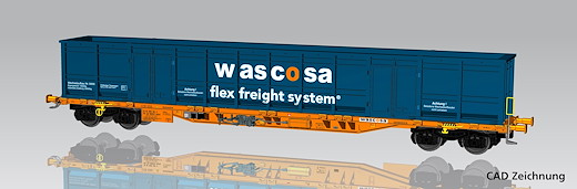 Containertragwagen Sgnns mit E-Aufbau blau CH-Wascosa VI, SBB