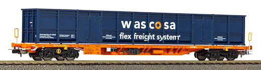 Containertragwagen Sgnns mit E-Aufbau blau CH-Wascosa VI, SBB