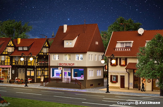 H0 Erotikshop mit Inneneinrichtung und LED-Beleuchtung