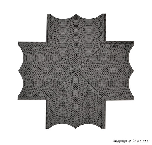 H0 Strassenplatte Kopfsteinpflaster aus Steinkunst, X-Kreuzung, L 15 x B 15 cm