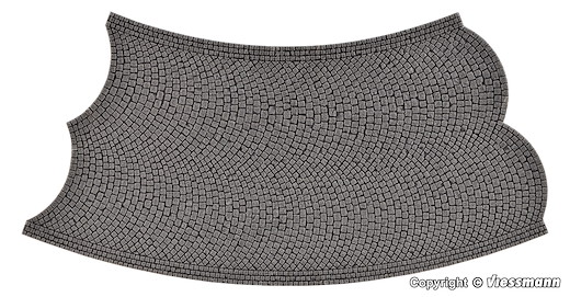 H0 Strassenplatte Kopfsteinpflaster aus Steinkunst, 45°-Kurve, gegenläufig, Radius 15 cm