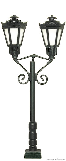 H0 Parklaterne zweiflammig, schwarz, mit Kontaktstecksockel, 2 LEDs warmweiss