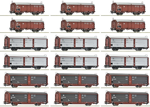 18-tlg. Display: Rangierbahnhof/Schiebedach-/Schiebewandwagen, DB
